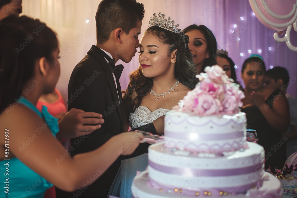 Quinceanera Celebration with Friends and Family Featuring Cake Cutting Ceremony Quinceanera Celebration with Friends and Family Featuring Cake Cutting Ceremony