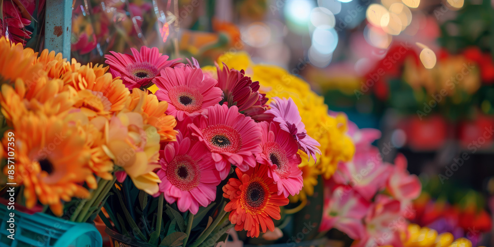 Vibrant Gerbera Daisies in Bloom Display Against Blurred Colorful Background in Market Vibrant Gerbera Daisies in Bloom Display Against Blurred Colorful Background in Market