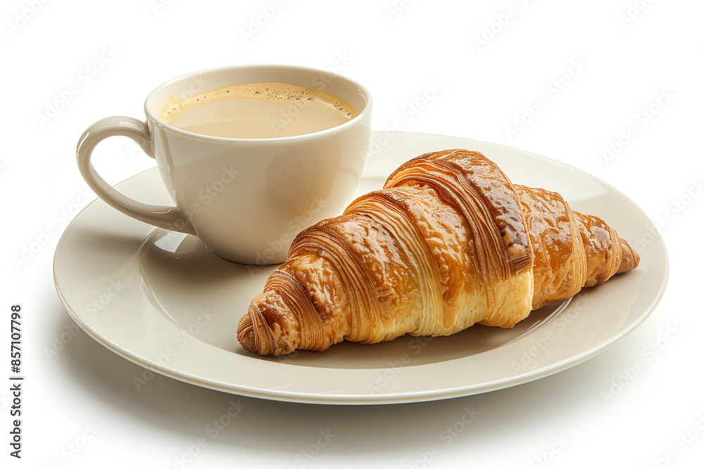 Croissant and a cup of coffee on a plate isolated on a white background. Created with Generative AI technology. Croissant and a cup of coffee on a plate isolated on a white background. Created with Generative AI technology.
