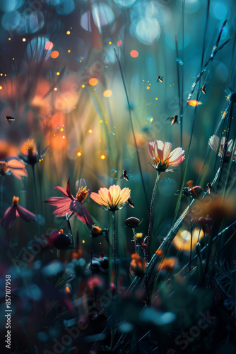 Colorful Wildflowers and Fireflies at Sunset in an Enchanted Meadow