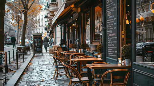 Fototapeta Naklejka Na Ścianę i Meble -   A charming Parisian cafe with wicker chairs and tables set out on a cobblestone sidewalk on a drizzly day. The warm glow of the interior lights contrasts with the cool tones of the street