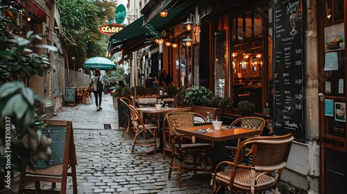 Fototapeta Naklejka Na Ścianę i Meble -  A view down a narrow cobblestone street in Paris, France, lined with buildings and shops. The street is lined with outdoor cafe seating, featuring tables and chairs set for diners