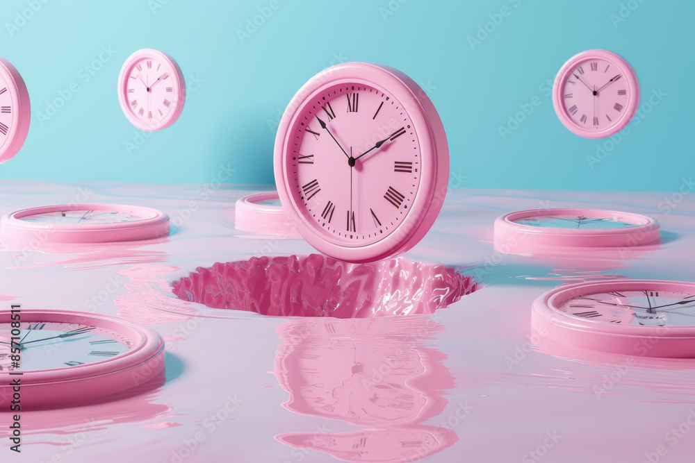 Surreal Concept of Floating Pink Clocks in a Vivid Blue and Pink Melting Environment Surreal Concept of Floating Pink Clocks in a Vivid Blue and Pink Melting Environment
