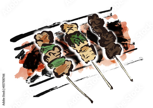 焼き鳥3本を炭火で焼いている手書きの和風筆書きイラスト