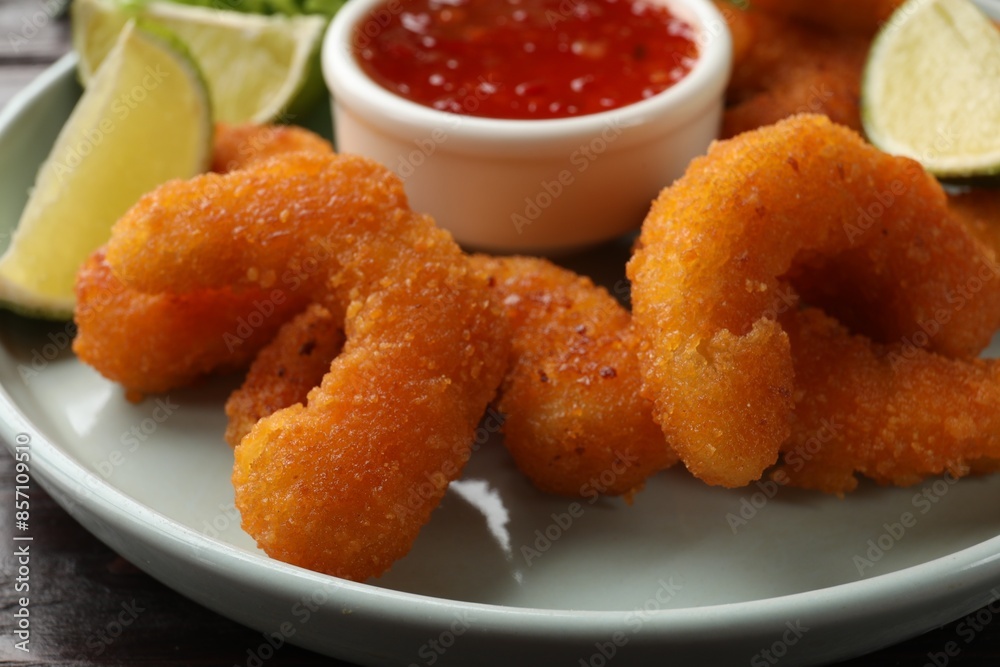 Delicious breaded fried shrimps, lime and sauce on table, closeup Delicious breaded fried shrimps, lime and sauce on table, closeup