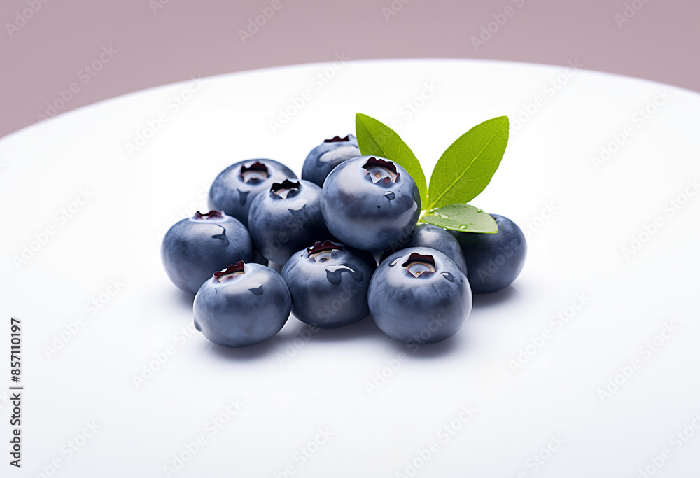 A minimalistic arrangement of blueberries and a green leaf on a smooth white surface, showcasing the elegance and simplicity of the fruit's natural beauty. A minimalistic arrangement of blueberries and a green leaf on a smooth white surface, showcasing the elegance and simplicity of the fruit's natural beauty.