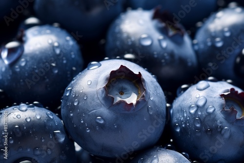 An artistic macro image showcasing fresh blueberries adorned with water drops, highlighting their deep color, freshness, and the intricate details of their surface. photo