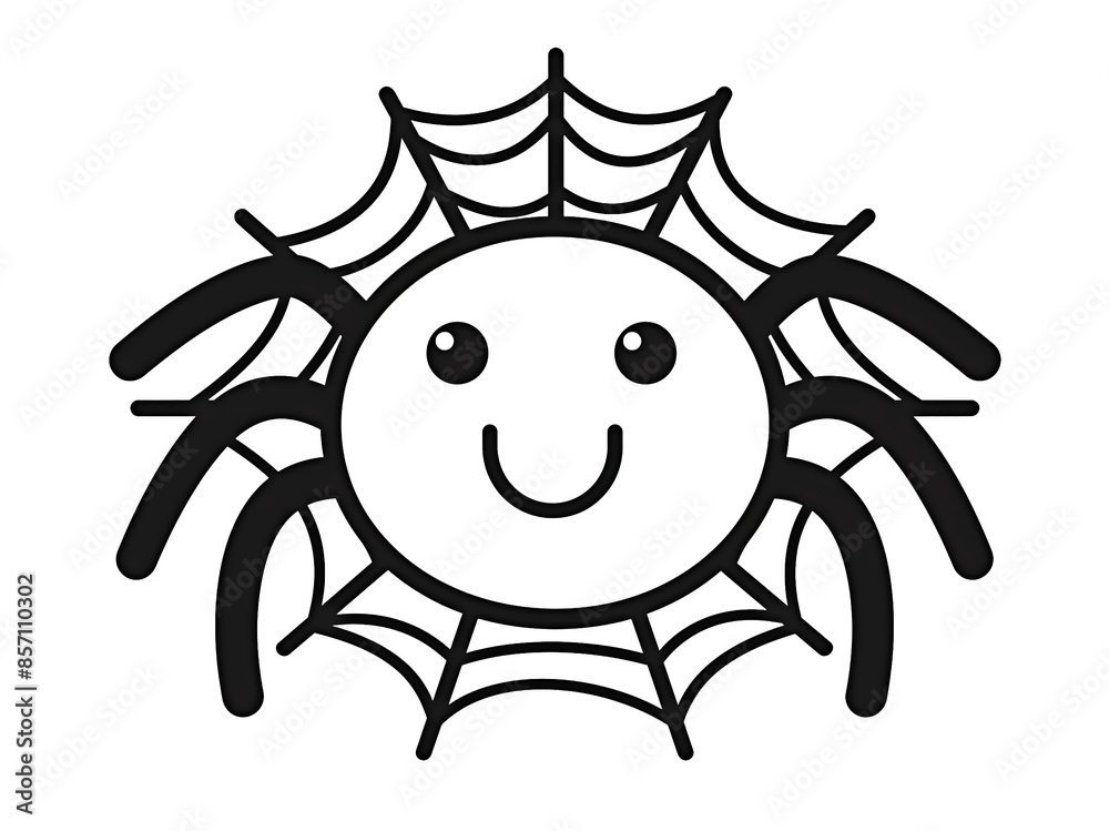 Adroable minimalist smiling little spider with web. In black and White. Decoration for Halloween. Adroable minimalist smiling little spider with web. In black and White. Decoration for Halloween.