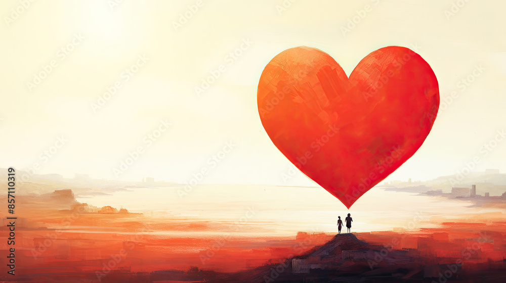 Fototapeta premium picture of two people standing on a hill with a big heart in front of them. valentine's day