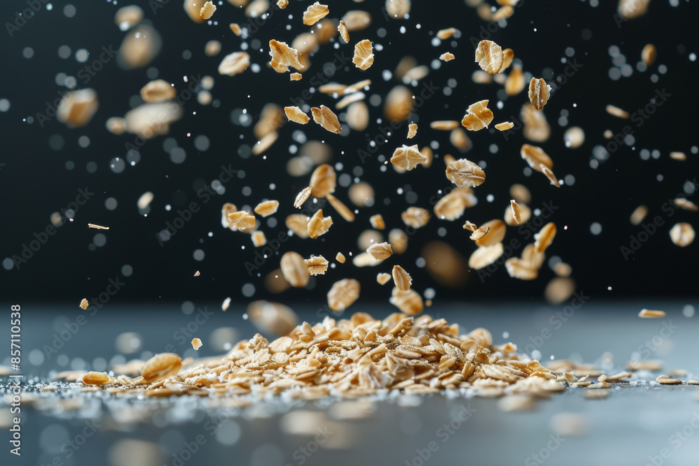 Falling Oat Flakes on Dark Background Healthy Whole Grain Breakfast Ingredients in Motion Falling Oat Flakes on Dark Background Healthy Whole Grain Breakfast Ingredients in Motion