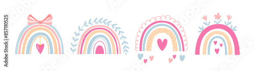 Vector cartoon boho rainbows collection in pink colors isolated on white background.	
