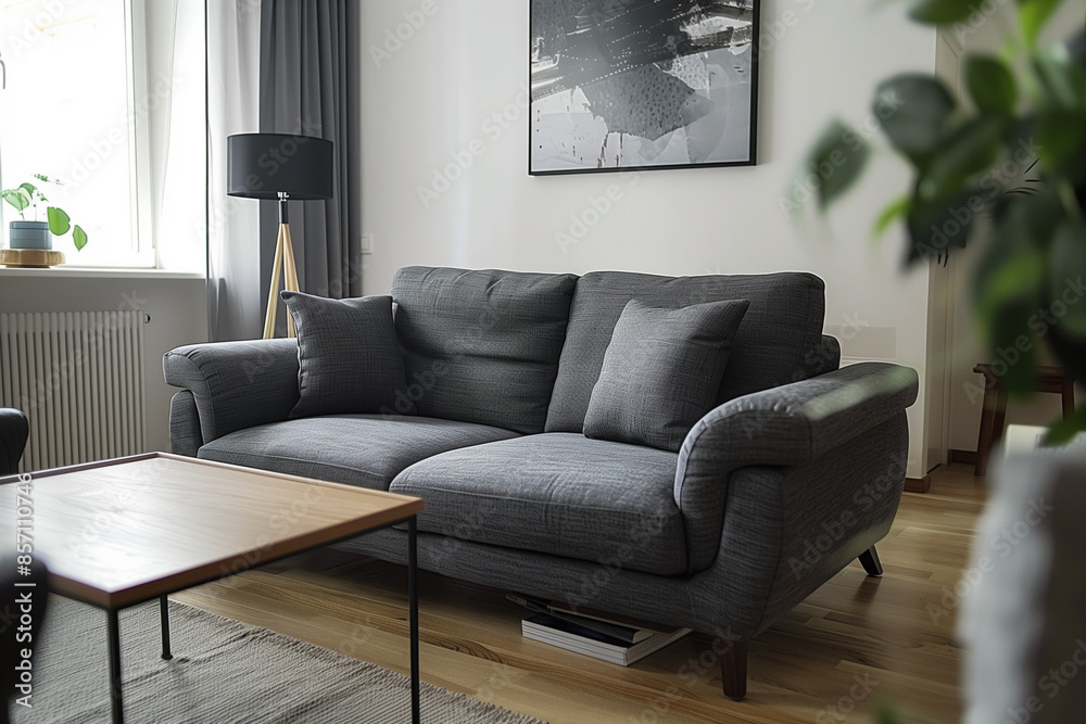 Fototapeta premium photo of black sofa and recliner chair with plants in a scandinavian clean and minimalist living room apartment and design interior furniture