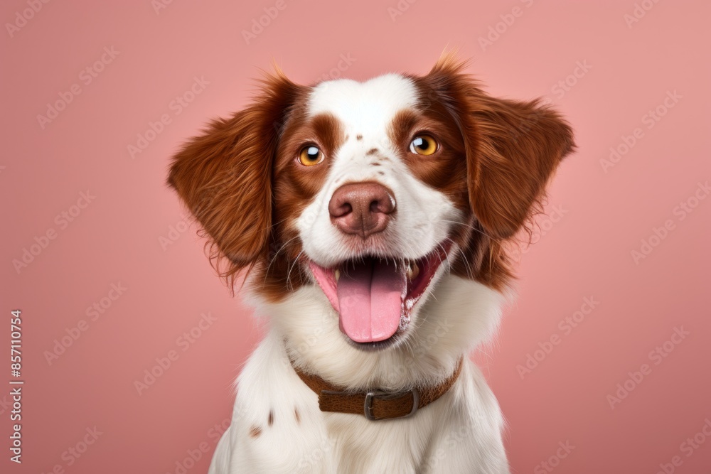 Portrait of a happy brittany dog in solid pastel color wall