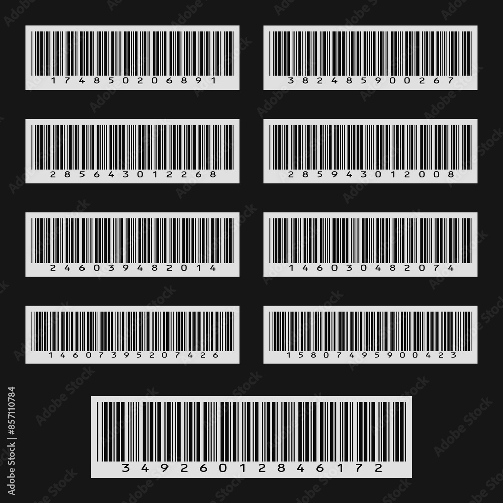 Barcode set on a black background. Printable barcodes sheet Barcode set on a black background. Printable barcodes sheet