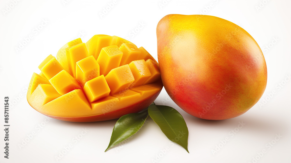 Mango on white background. Ripe juicy mango with slices. Mango on white background. Ripe juicy mango with slices.