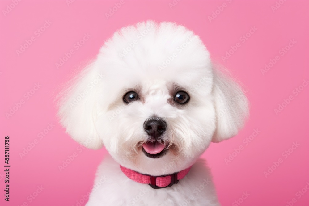 Portrait of a funny bichon frise in front of solid pastel color wall Portrait of a funny bichon frise in front of solid pastel color wall