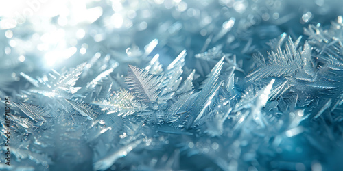 Microscopic Close Up of Ice Crystals on Window with Pale Blue Hue