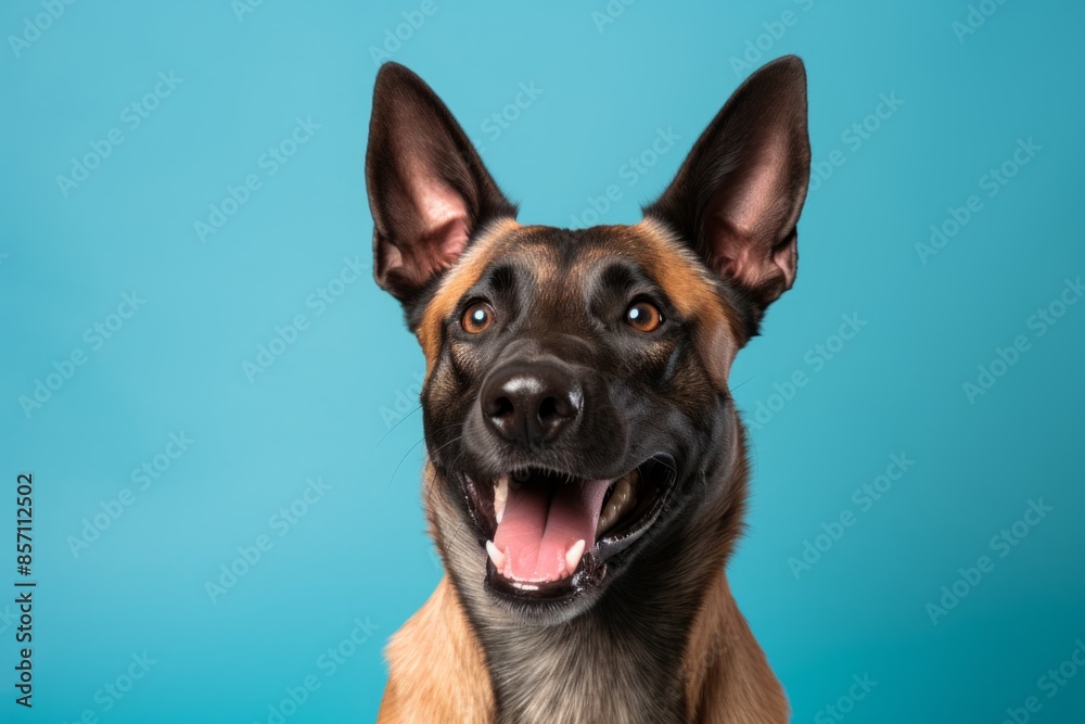 Portrait of a happy belgian malinois dog in front of solid pastel color wall