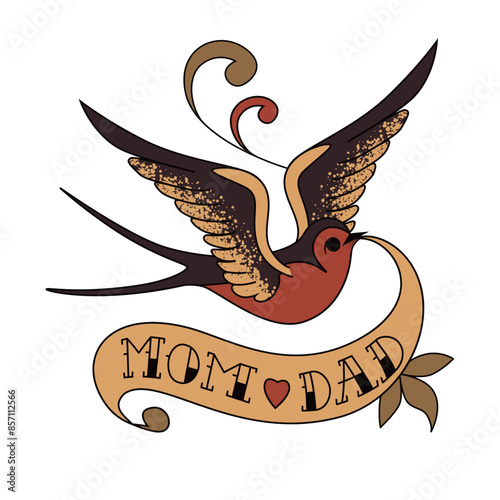 Tattoo Swallow with the inscription mom and dad. Vector illustration of an American old school tattoo. Bird with ribbon and flower.