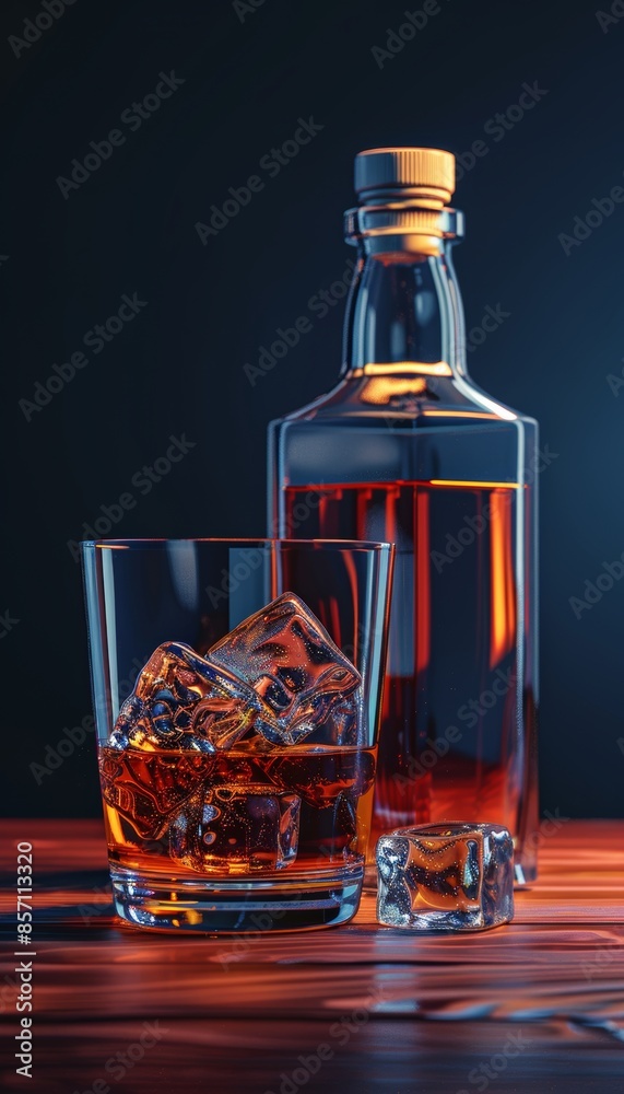 Whiskey bottle and glass with ice on table edge, bottom view against deep blue backdrop Whiskey bottle and glass with ice on table edge, bottom view against deep blue backdrop