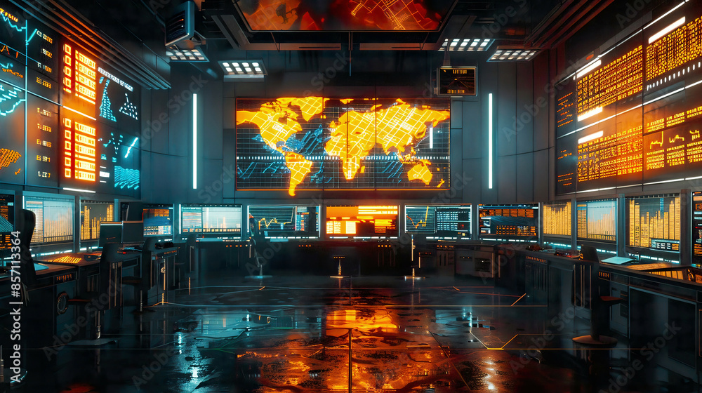 Futuristic stock exchange scene with charts numbers and world trading map displayed on multi screens (3D illustration). Futuristic stock exchange scene with charts numbers and world trading map displayed on multi screens (3D illustration).