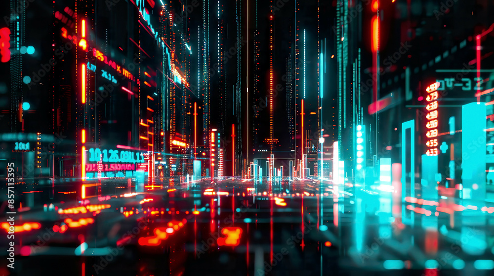 Futuristic stock market scene 3D illustration with chart numbers and BUY and SELL optionsdark background with neon highlights 
