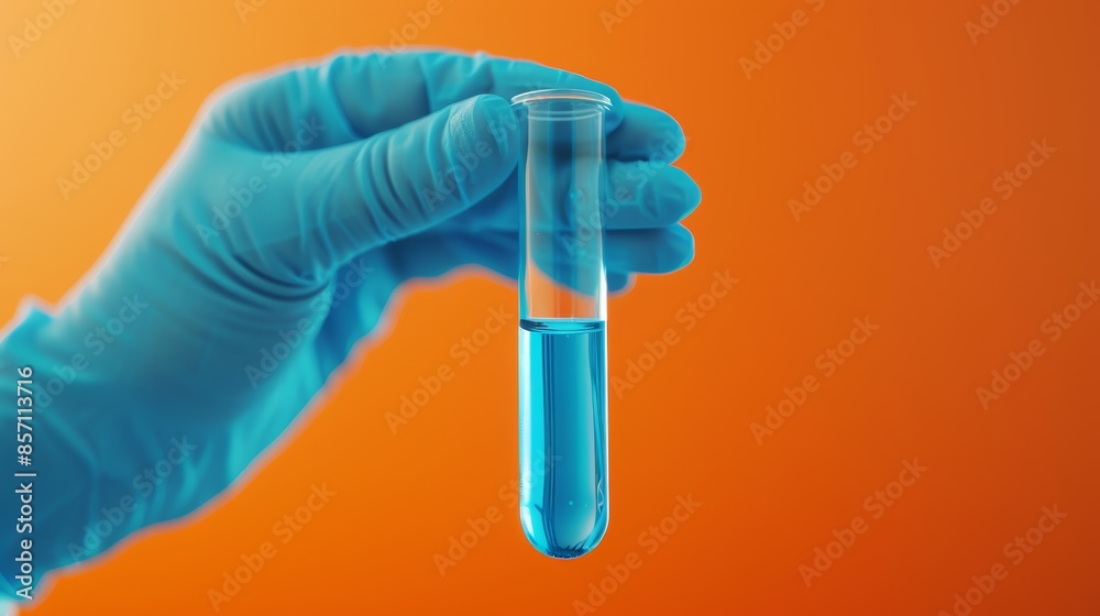 Close-up of a hand holding a test tube with a vibrant blue solution, laboratory setting with dramatic blue lighting, emphasizing scientific research and experimentation
