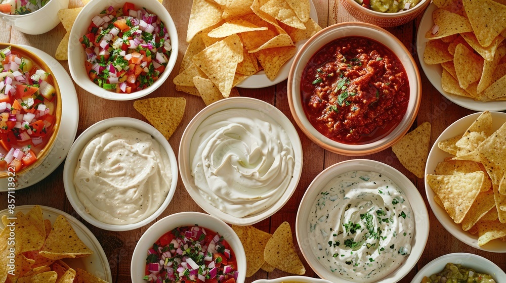 A wooden table filled with bowls of various dips and tortillas, perfect for a party or gathering
