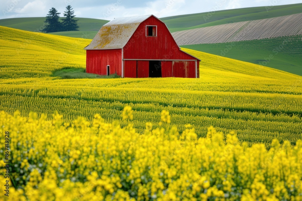 A traditional red barn surrounded by a bright yellow field of flowers, perfect for rural-themed designs or rustic celebrations A traditional red barn surrounded by a bright yellow field of flowers, perfect for rural-themed designs or rustic celebrations