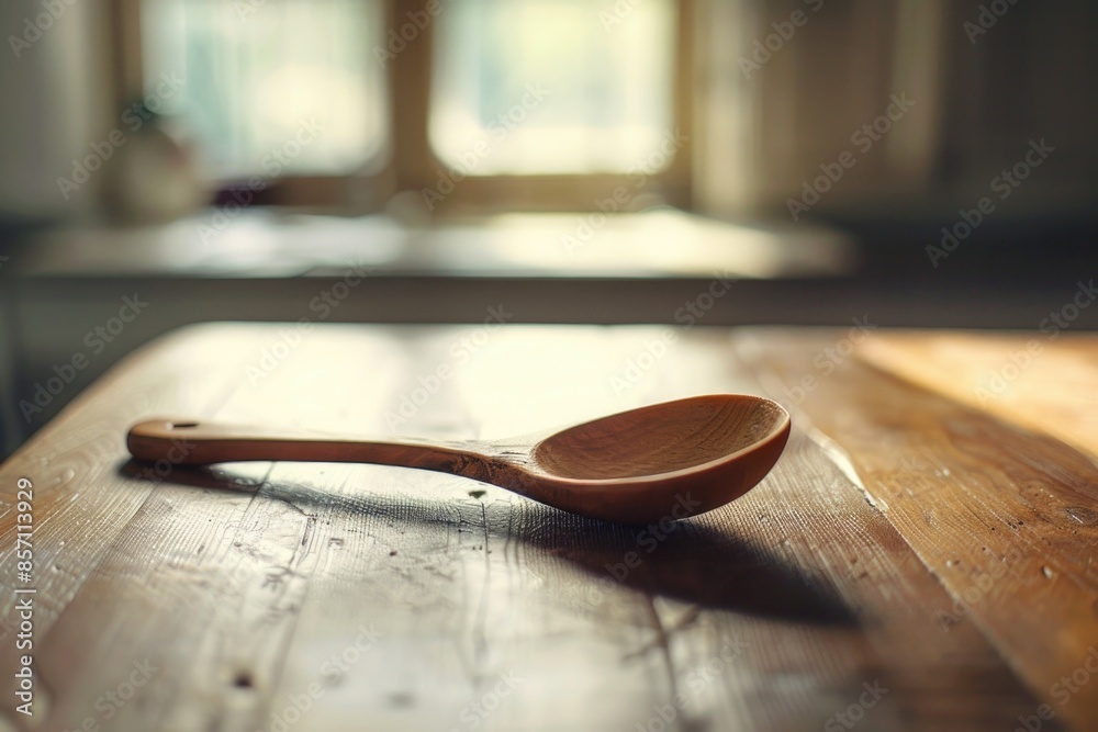 A wooden spoon sits alone on a wooden table, perfect for a rustic or vintage-themed setting A wooden spoon sits alone on a wooden table, perfect for a rustic or vintage-themed setting