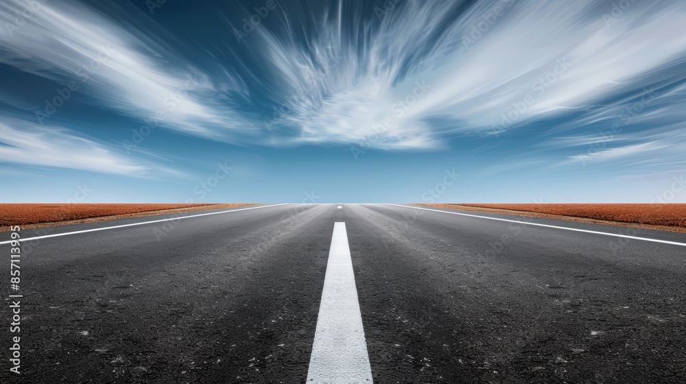 Obraz premium Long, empty highway vanishing into the horizon under a vibrant blue sky with white clouds, representing freedom and the spirit of travel