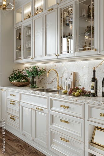 A modern kitchen interior featuring white cabinets and marble countertops