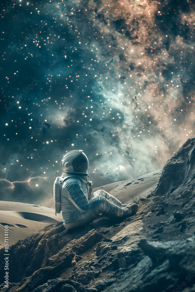 Naklejka premium Astronaut Gazing at Star Filled Sky from an Alien Planet's Rocky Surface