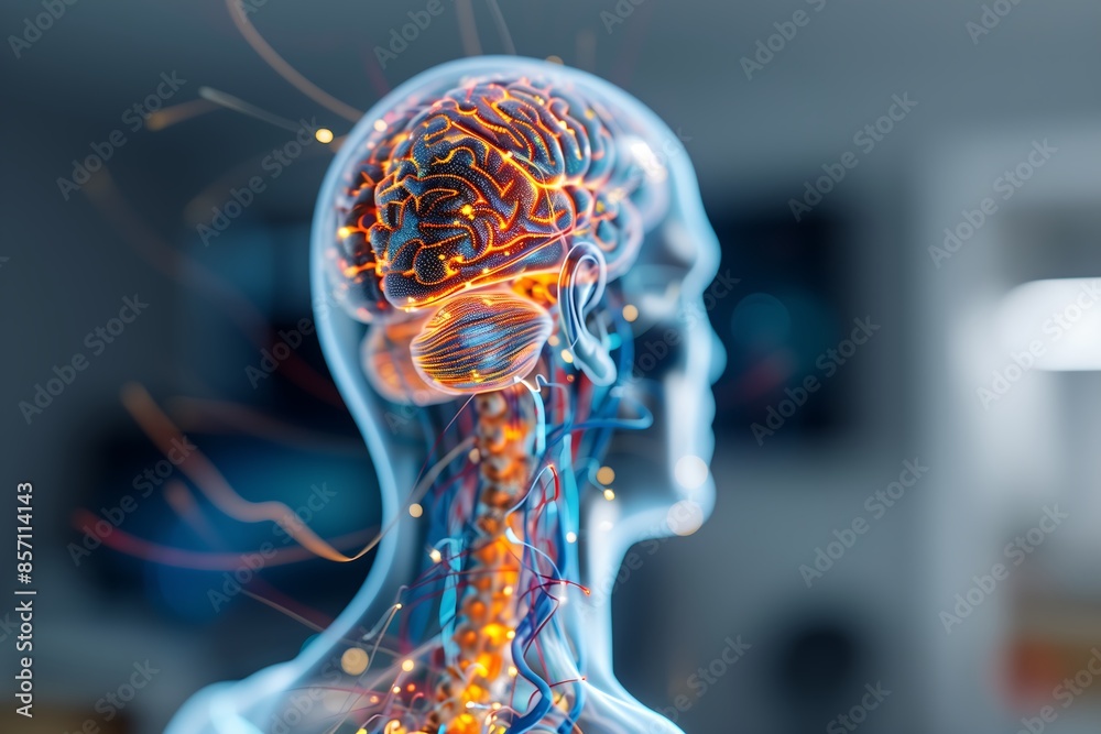 Translucent 3D rendering of human head and upper torso emphasizing glowing brain and central nervous system for medical educational purposes