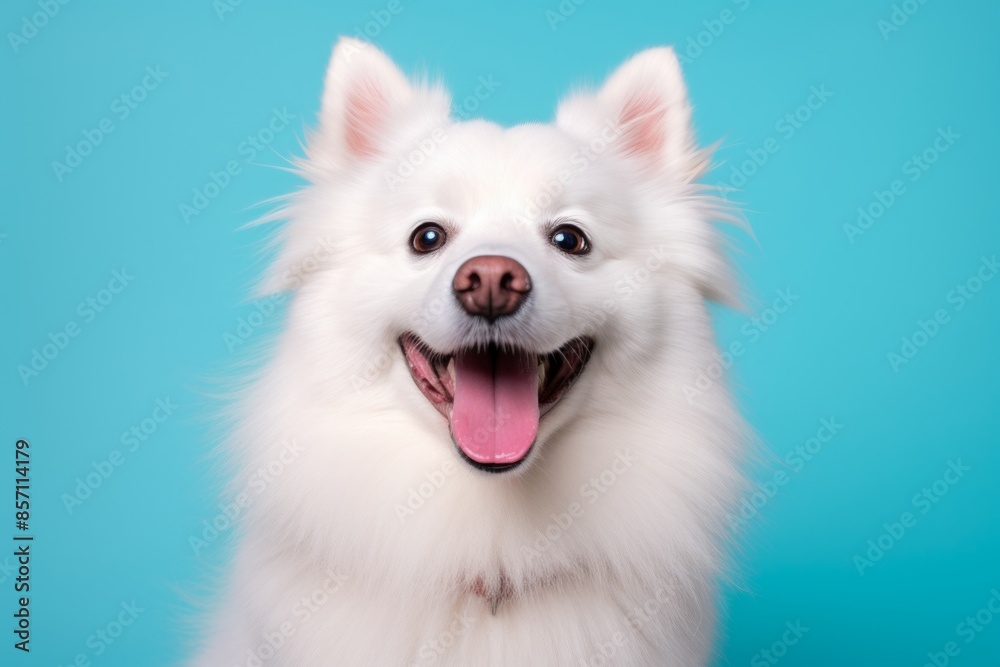 Portrait of a happy american eskimo dog while standing against solid pastel color wall Portrait of a happy american eskimo dog while standing against solid pastel color wall