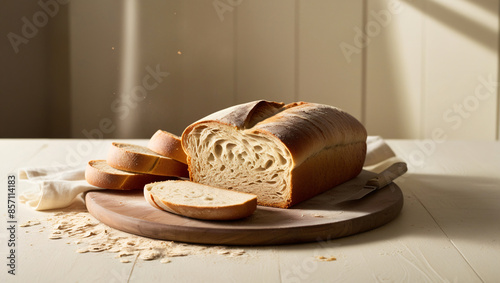 Homemade arina bread and slices of bread on wooden table isolated white background for text photo