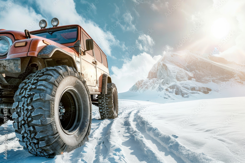 A rugged off-road vehicle makes its way through a snowy landscape, the bright sun highlighting its journey of adventure and resilience. A rugged off-road vehicle makes its way through a snowy landscape, the bright sun highlighting its journey of adventure and resilience.
