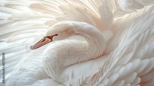 Fototapeta Naklejka Na Ścianę i Meble -  Elegant White Swan with Graceful Feathers in Soft Light - Close-Up Portrait of a Majestic Bird with Delicate Plumage and Serene Expression