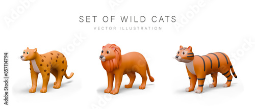 Photography Set of big wild cats in 3D cartoon style. Leopard, lion, tiger