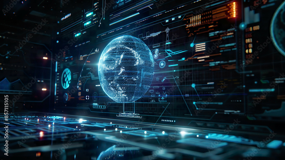Holographic NFT on a virtual screen featuring network circuit and globe dark backgroundrepresenting cryptoart and advanced technology Holographic NFT on a virtual screen featuring network circuit and globe dark backgroundrepresenting cryptoart and advanced technology