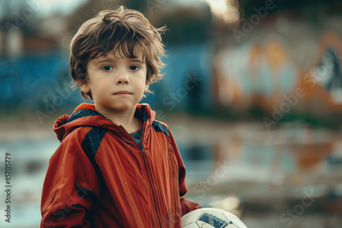 cool design of a young football player kid boy playing soccer in the backyard sporty photo