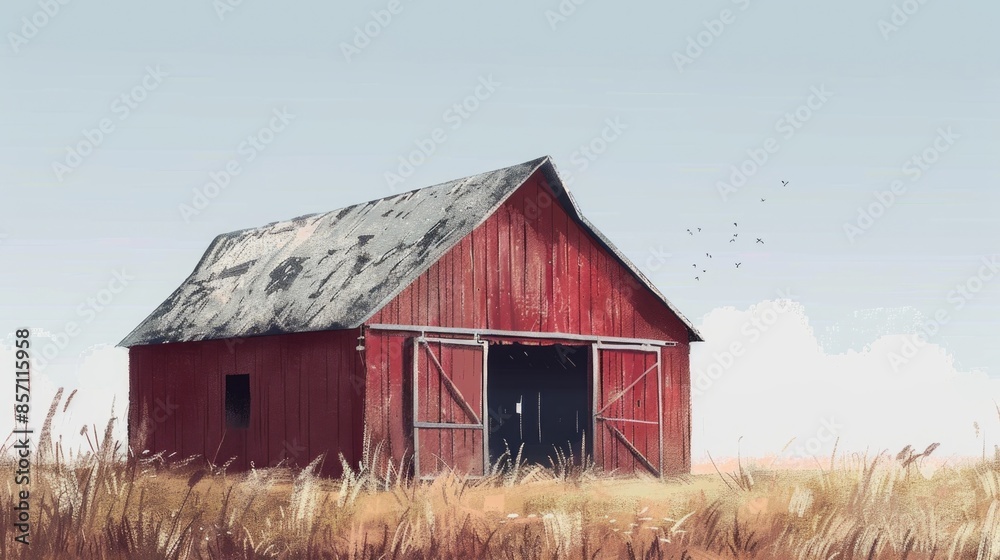 A traditional red barn stands in a lush green field with a sunny sky A traditional red barn stands in a lush green field with a sunny sky