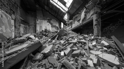 A collapsed ceiling reveals the layers of decay and rubble within the warehouse. Black and white art © Justlight