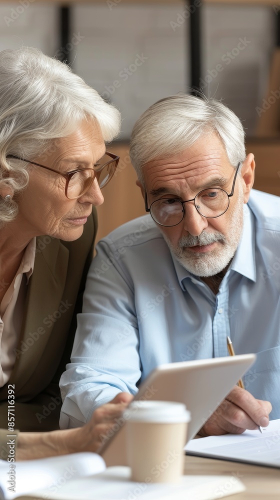 A retired couple sitting with a financial planner creating a diversified investment portfolio suggesting planning to diversify investments for financial security during retirement A retired couple sitting with a financial planner creating a diversified investment portfolio suggesting planning to diversify investments for financial security during retirement
