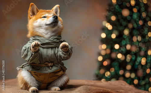 Shiba Inu dog human clothes, performing relaxation poses. Dog in colorful yoga suit, bright clothes