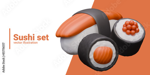 Vector 3D banner with sushi set. Rolls and nigiri with fish and caviar