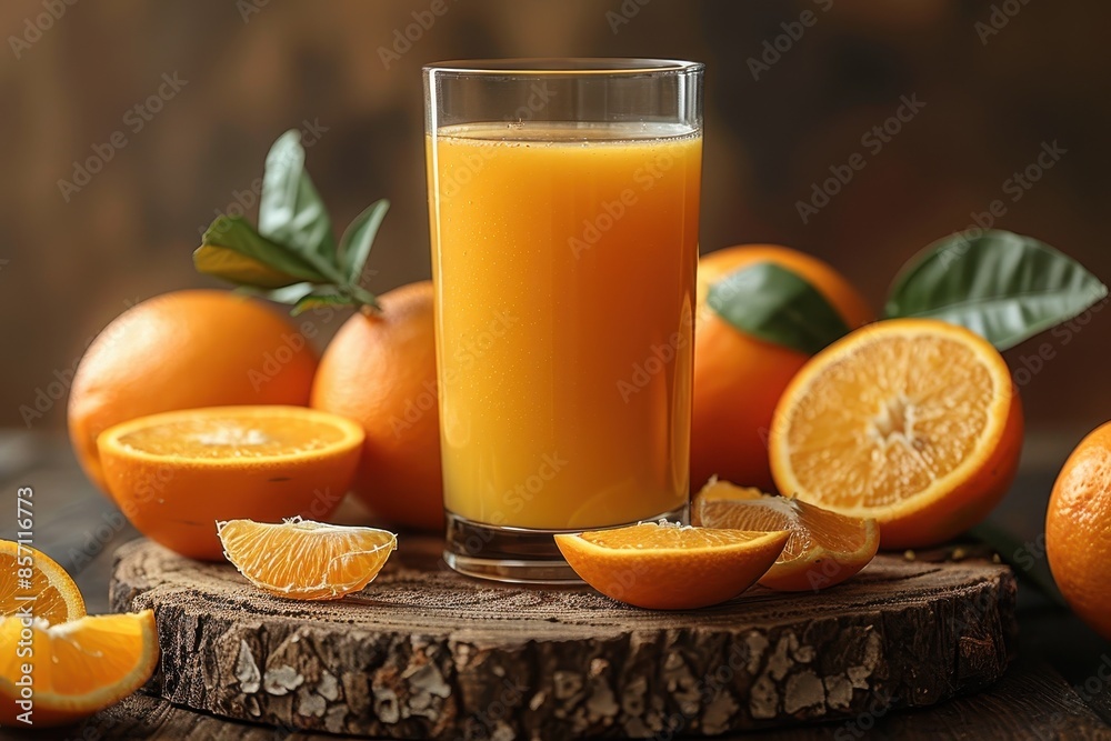 A glass of freshly squeezed orange juice surrounded by whole oranges and orange slices. 