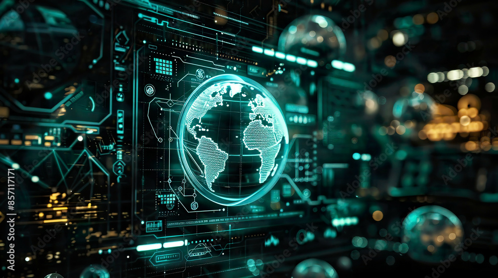 Virtual digital screen displaying NFT hologram network circuit and globe dark backgroundfuturistic cryptoart and technology concept Virtual digital screen displaying NFT hologram network circuit and globe dark backgroundfuturistic cryptoart and technology concept