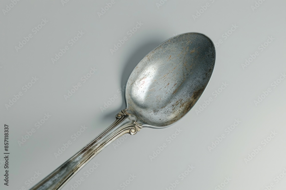 A silver spoon with a handle placed on a white surface, often used for serving or eating A silver spoon with a handle placed on a white surface, often used for serving or eating