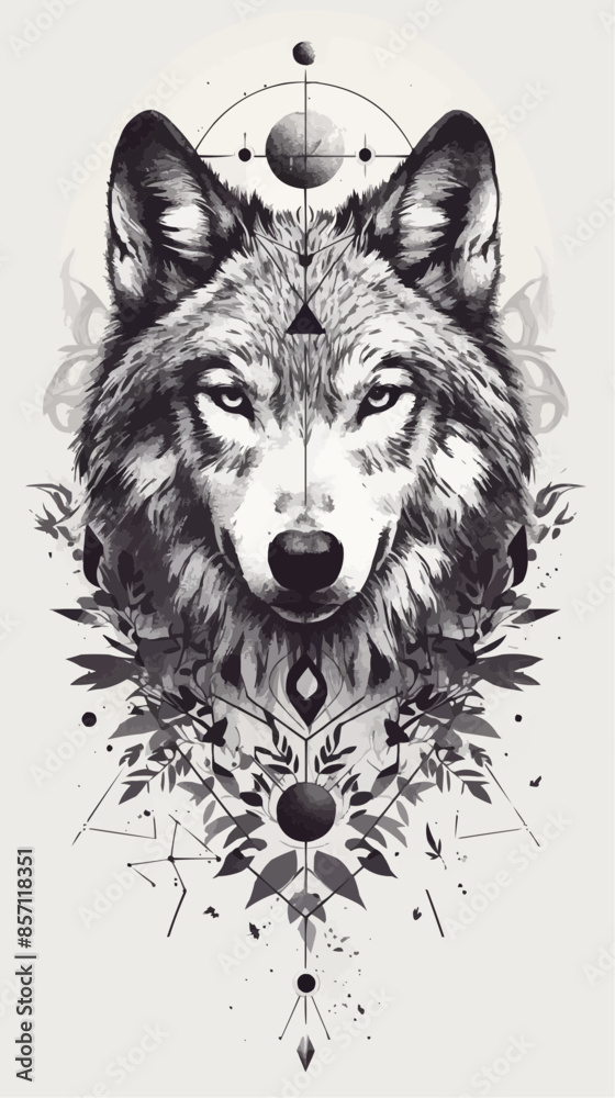 A detailed illustration of a wolf's face with celestial elements, including planets and stars, arranged symmetrically around it. The design merges the mystic essence of the wolf with cosmic themes. A detailed illustration of a wolf's face with celestial elements, including planets and stars, arranged symmetrically around it. The design merges the mystic essence of the wolf with cosmic themes.